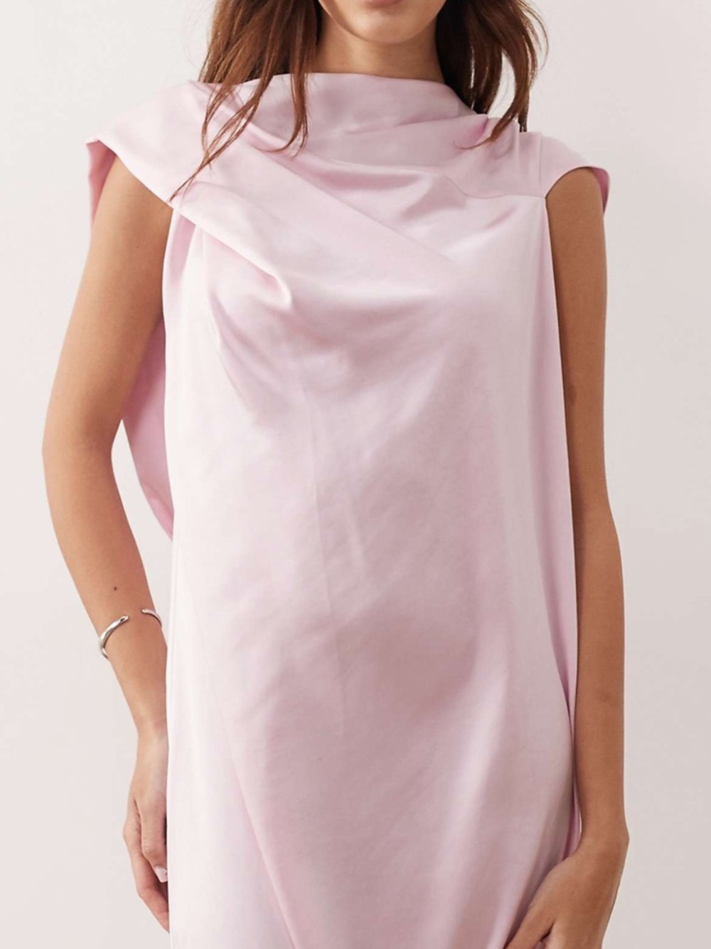 ARRANGE cowl neck scarf draped satin maxi dress in light pink